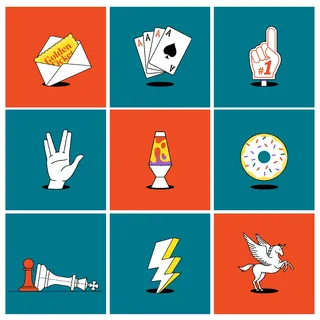 Grid of nine colorful icons by Stuart Holmes, including cards and lava lamp
