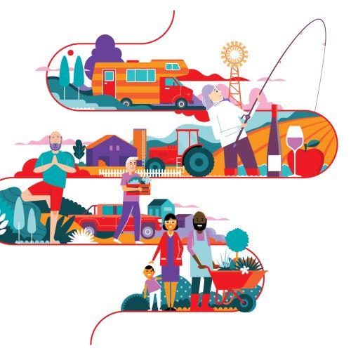 Illustration of seniors enjoying outdoor activities by Stuart Holmes