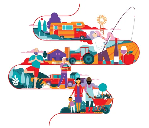 Illustration of seniors enjoying outdoor activities by Stuart Holmes