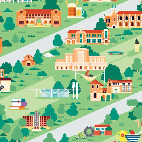 Illustrated interactive map of Rice University campus by Stuart Holmes