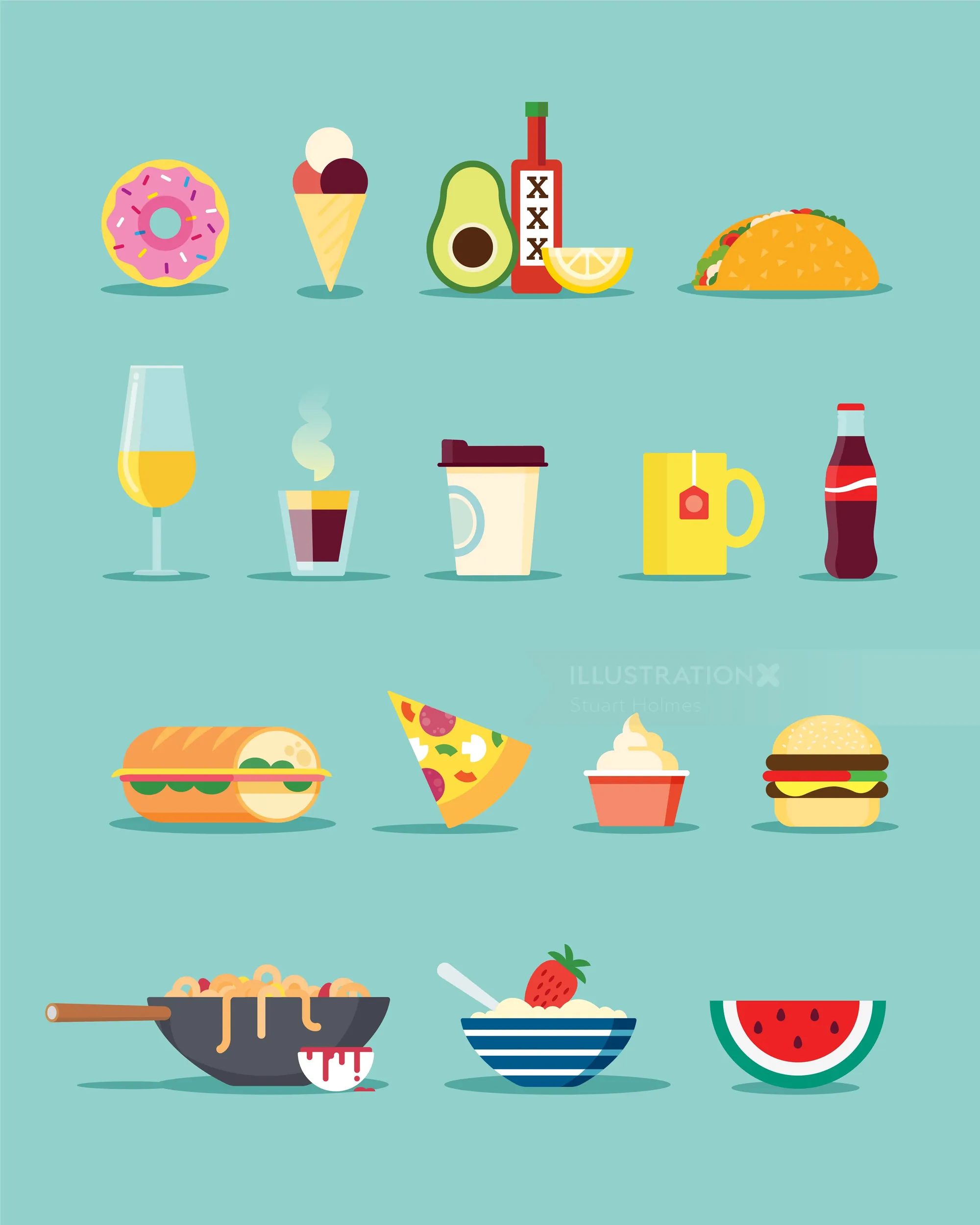 Colorful icons of food and drinks by Stuart Holmes