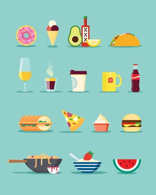 Colorful icons of food and drinks by Stuart Holmes