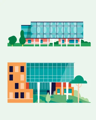 Illustrations of Rice University's campus buildings by Stuart Holmes