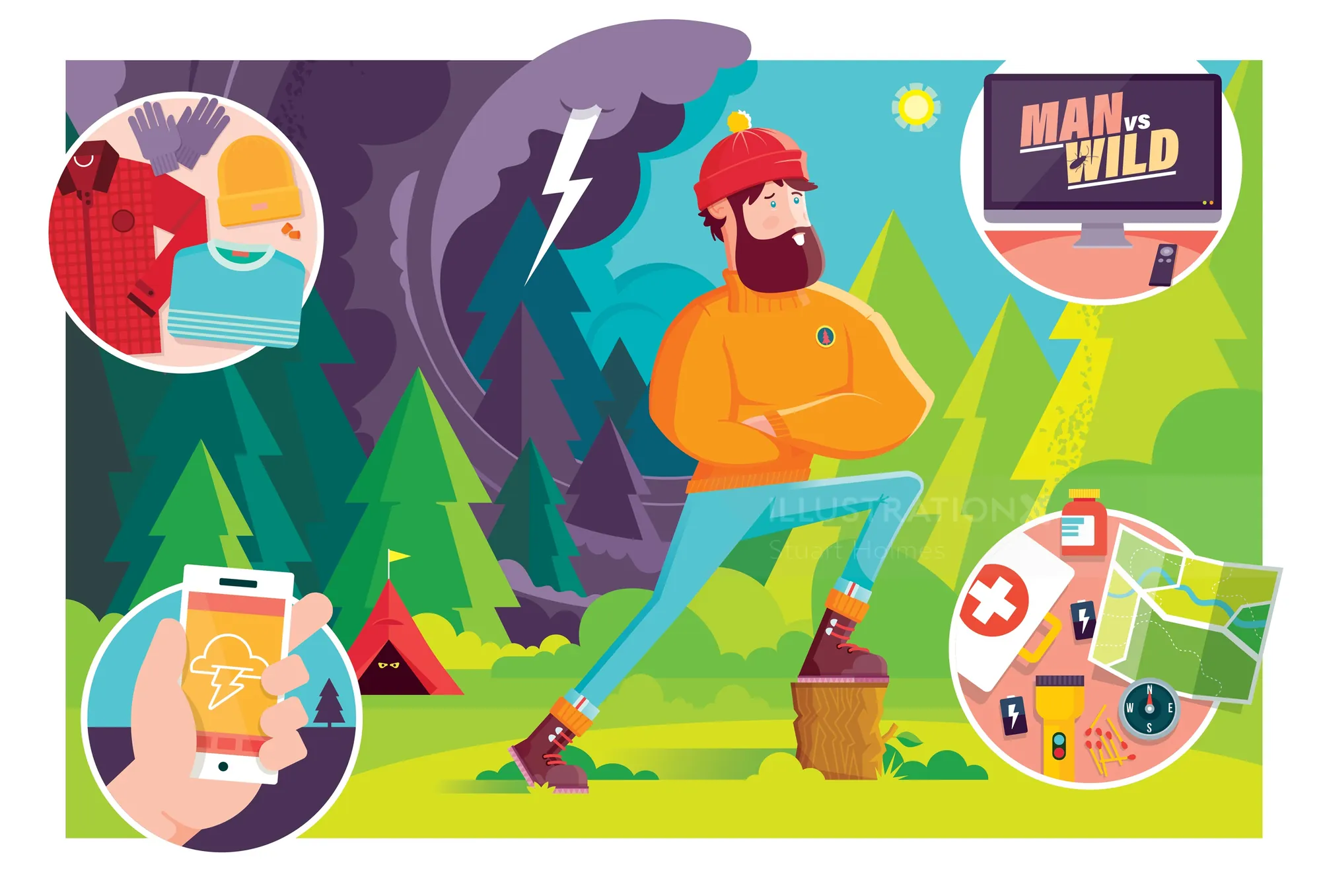 Man camping in forest with survival gear, phone, and TV show Man vs Wild