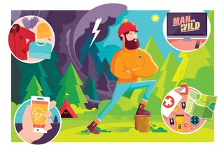 Man camping in forest with survival gear, phone, and TV show Man vs Wild