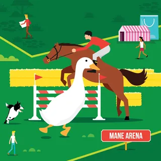 Horse and jockey jumping over obstacle with goose and dog nearby in Mane Arena