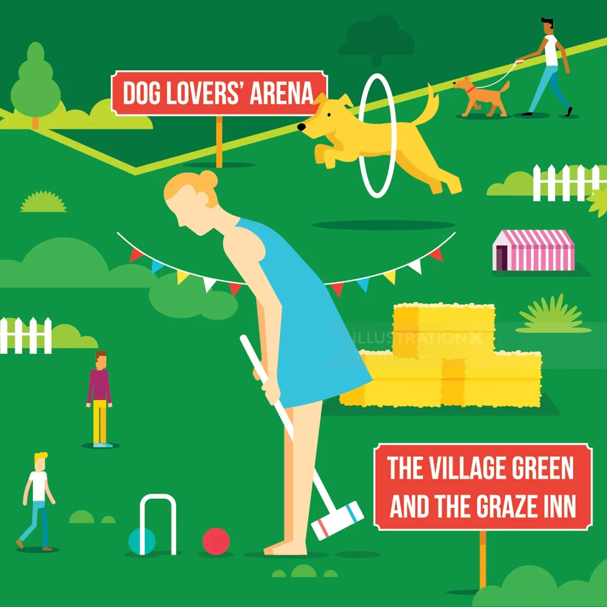 People playing croquet and training dogs at a village green event
