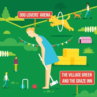 People playing croquet and training dogs at a village green event