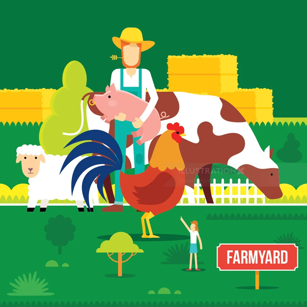 Farmyard animals and farmer with haystacks and green background