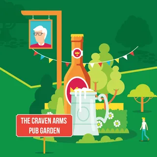 Outdoor pub garden scene with beer mug and signboard