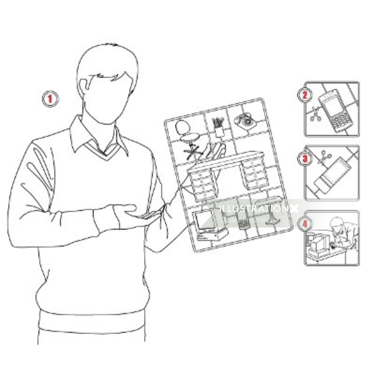 Key line art drawing of a man with a chart in his hand