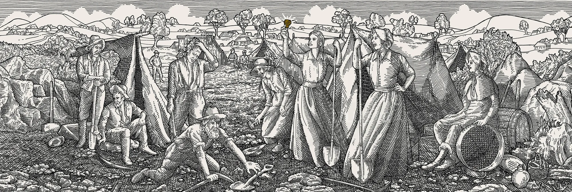 Black and white etching of 19th century gold rush miners and women, detailed scene by Studio Duco