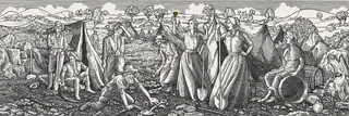 Black and white etching of 19th century gold rush miners and women, detailed scene by Studio Duco