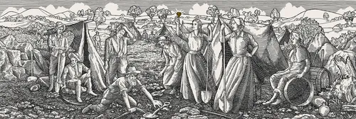 Black and white etching of 19th century gold rush miners and women, detailed scene by Studio Duco