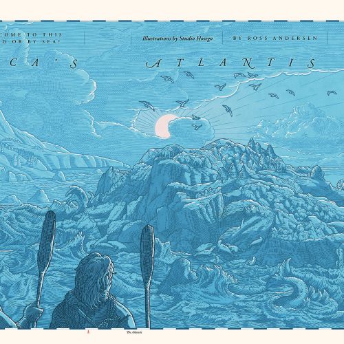Blue etching of three figures overlooking a mountainous icy landscape with birds and moon