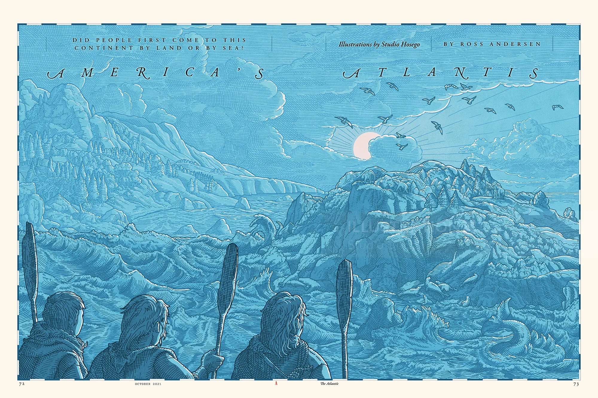Blaue Radierung von drei Figuren, die eine eisige Berglandschaft mit Vögeln und Mond überblicken