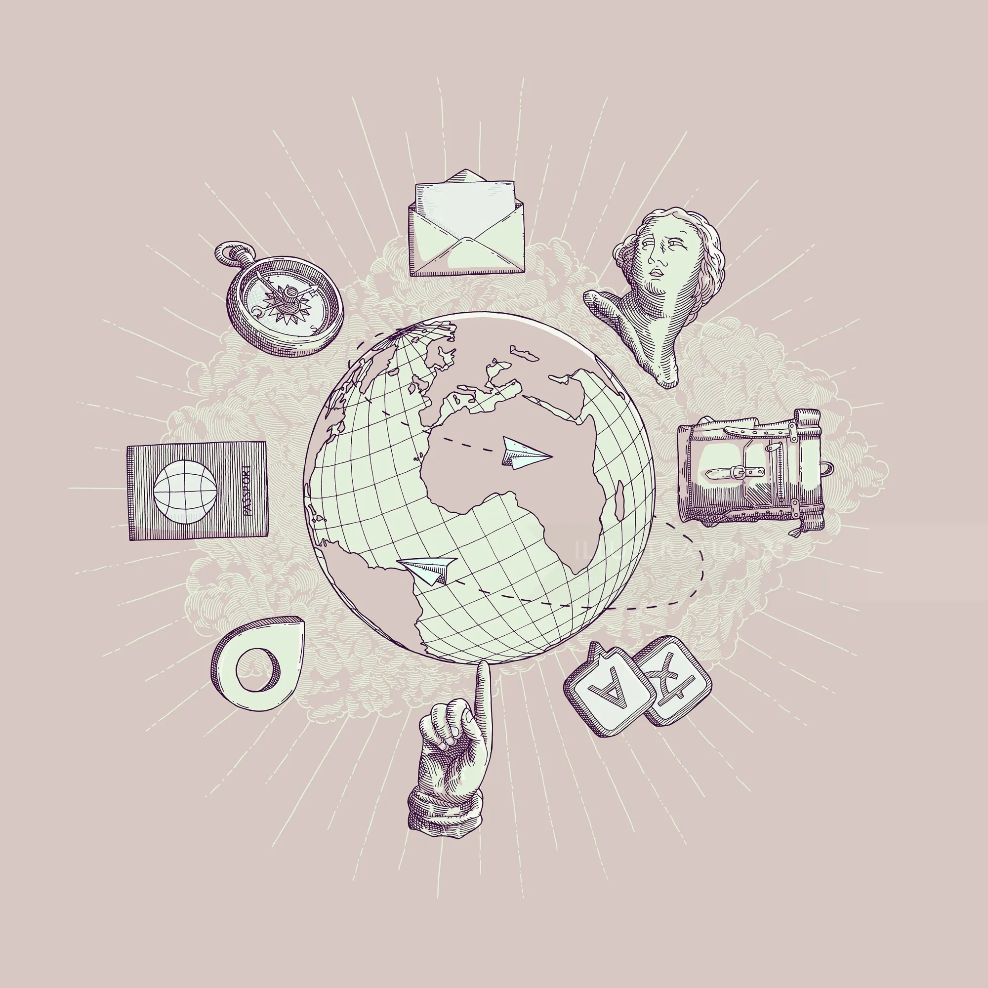 Illustration showing a globe surrounded by travel and navigation icons by Studio Duco