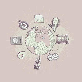 Illustration showing a globe surrounded by travel and navigation icons by Studio Duco