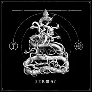 Black and white serpent ouroboros with occult symbols by Studio Duco