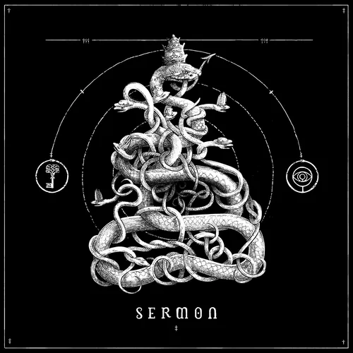 Black and white serpent ouroboros with occult symbols by Studio Duco
