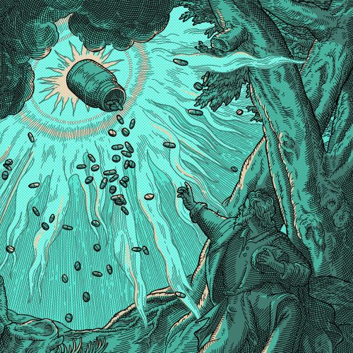 Man in cave reaching for pills falling from sky surreal art by Studio Duco
