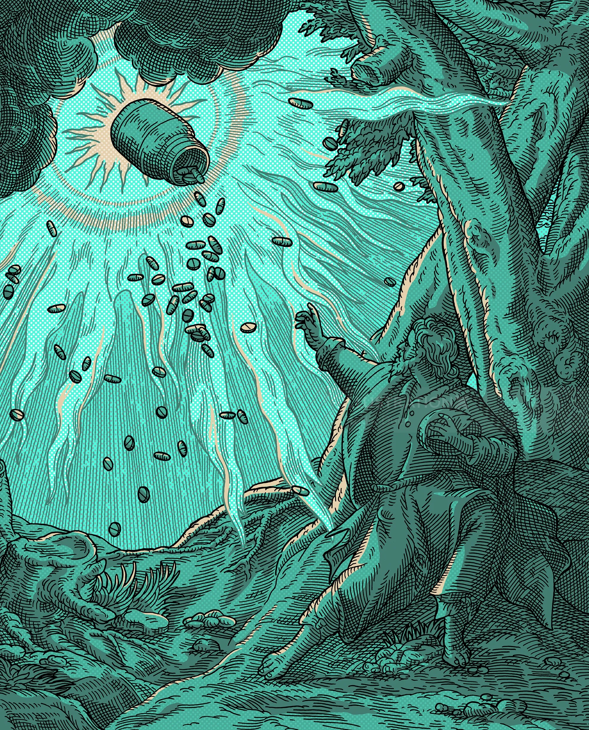 Man in cave reaching for pills falling from sky surreal art by Studio Duco
