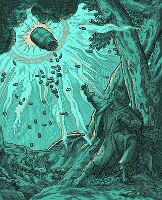 Man in cave reaching for pills falling from sky surreal art by Studio Duco