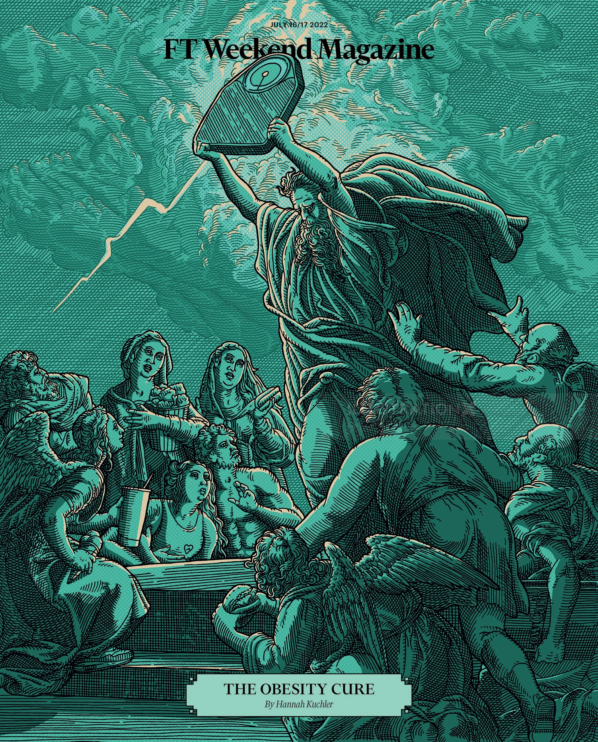 Illustration of a heroic figure pouring liquid with people watching, by Studio Duco