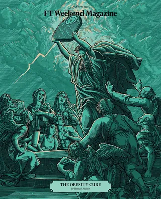 Illustration of a heroic figure pouring liquid with people watching, by Studio Duco