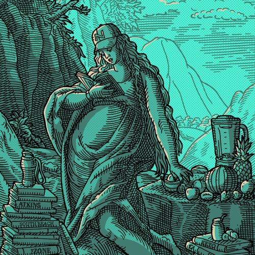 Illustration of a figure sitting with fruits and stacks of books by Studio Duco