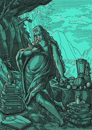 Illustration of a figure sitting with fruits and stacks of books by Studio Duco