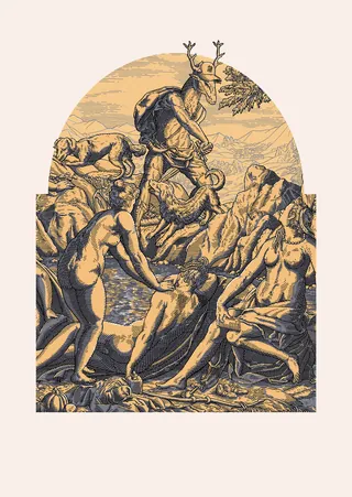 Etching of a crowned stag and naked figures in a Renaissance style by Studio Duco