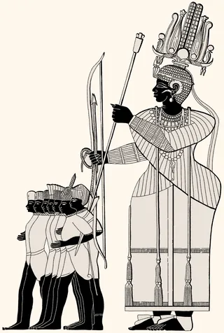 Illustration of Nubian king holding spear with attendant figures by Studio Duco