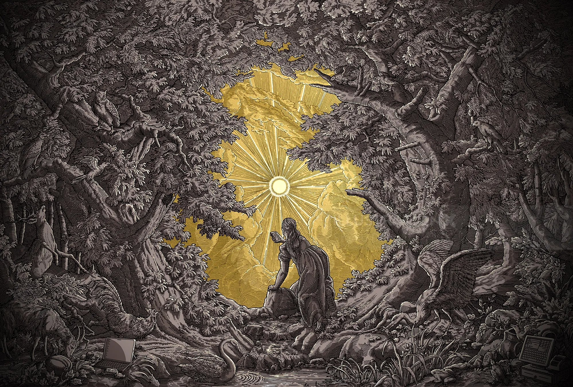 Figure kneeling in illuminated forest clearing, dark trees surrounding, by Studio Duco