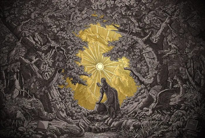 Figure kneeling in illuminated forest clearing, dark trees surrounding, by Studio Duco