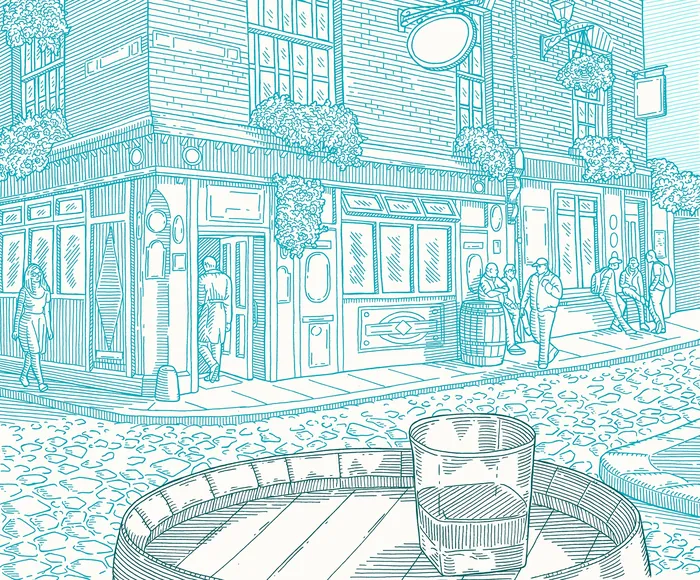 Line drawing of an East London pub street by Studio Duco