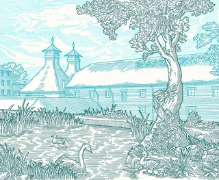 Detailed etching of Bushmills distillery near a swan pond by Studio Duco