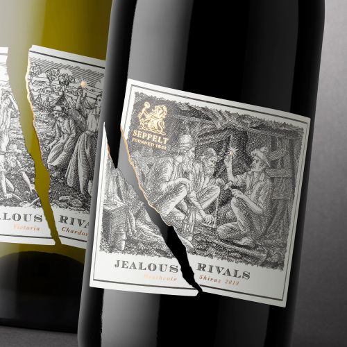 Wine bottle label illustration titled Jealous Rivals by Studio Duco