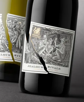 Wine bottle label illustration titled Jealous Rivals by Studio Duco