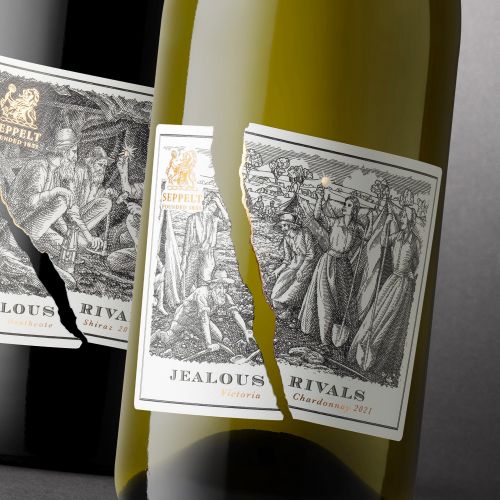 Vintage style Seppelt Jealous Rivals wine label etching by Studio Duco