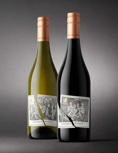 Studio Duco’s Jealous Rivals labels on two Seppelt wine bottles.