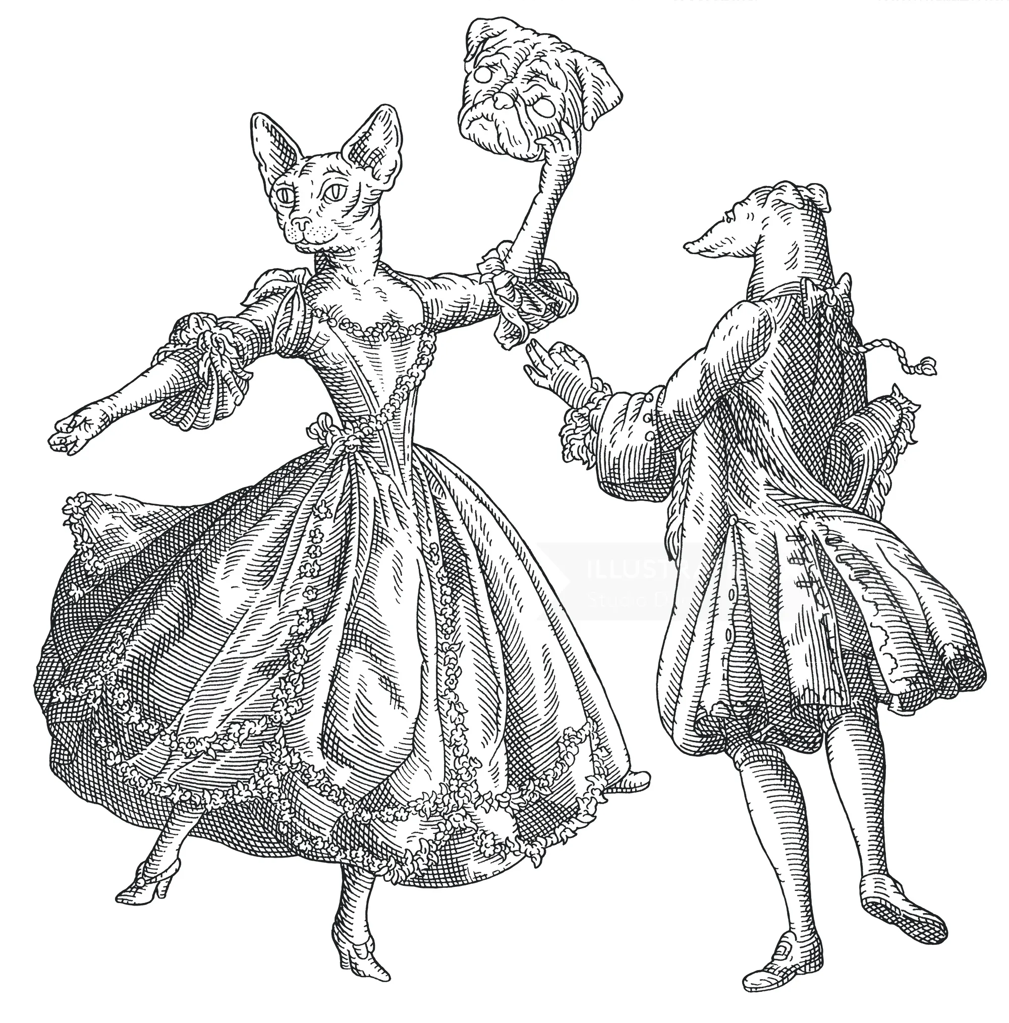 Victorian-style engraving of animals dancing in period costumes