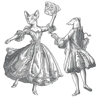 Victorian-style engraving of animals dancing in period costumes