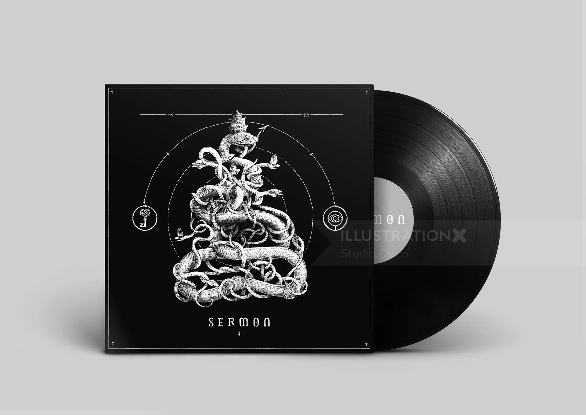 Studio Duco 작가의 coiled serpent 일러스트가 담긴 설교 앨범 표지