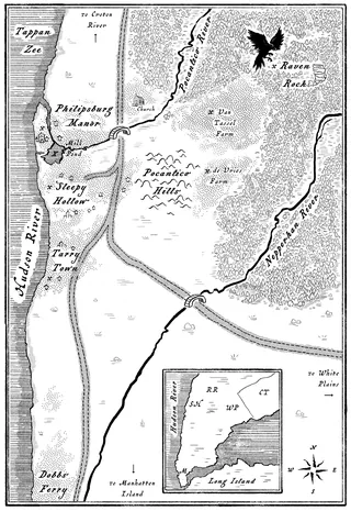 Black and white map showing Sleepy Hollow with raven and landmarks