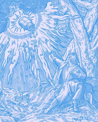 Engraving of angel descending with rays and pills from the sky