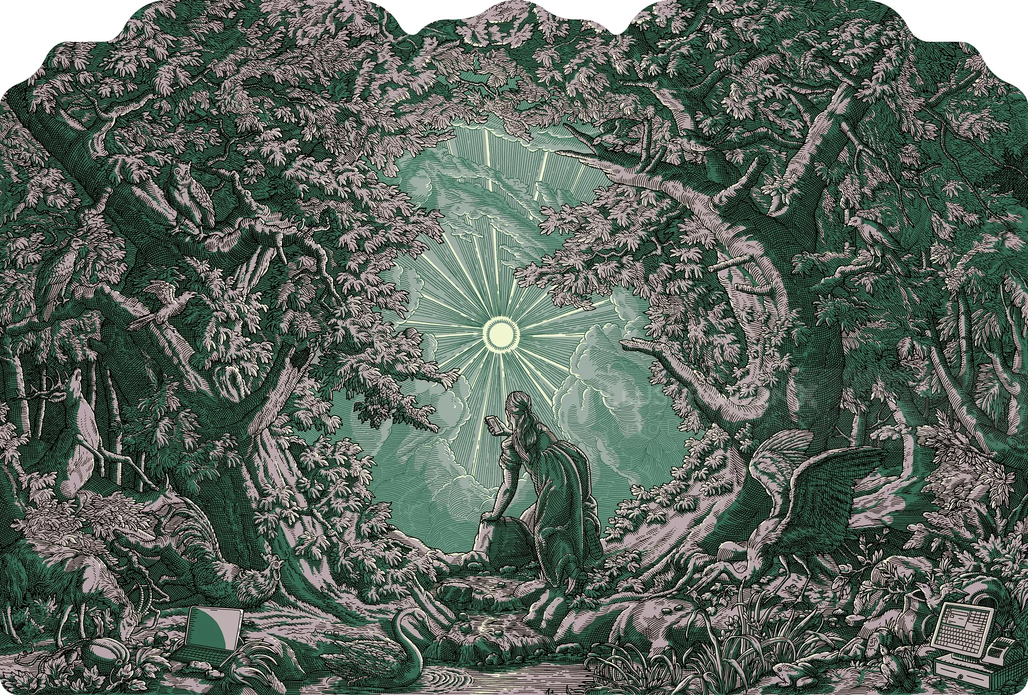 Person standing in a forest clearing with radiant light and trees