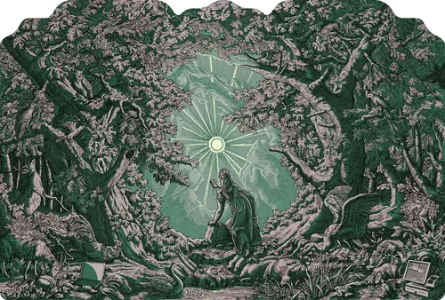 Person standing in a forest clearing with radiant light and trees