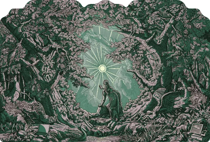 Person standing in a forest clearing with radiant light and trees