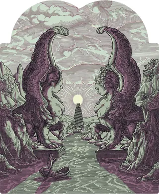 Two mythical creatures guarding a glowing tower by a river under cloudy sky